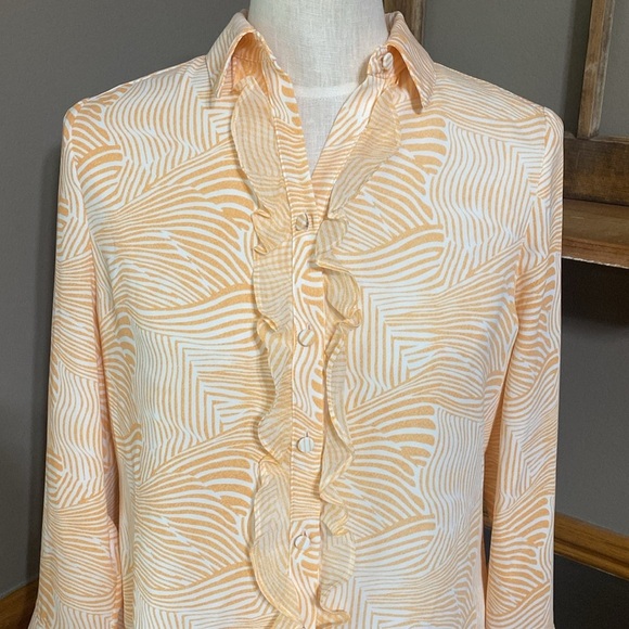 Chico’s orange & white zebra print ruffle button down long sleeve top size XS - Picture 4 of 9